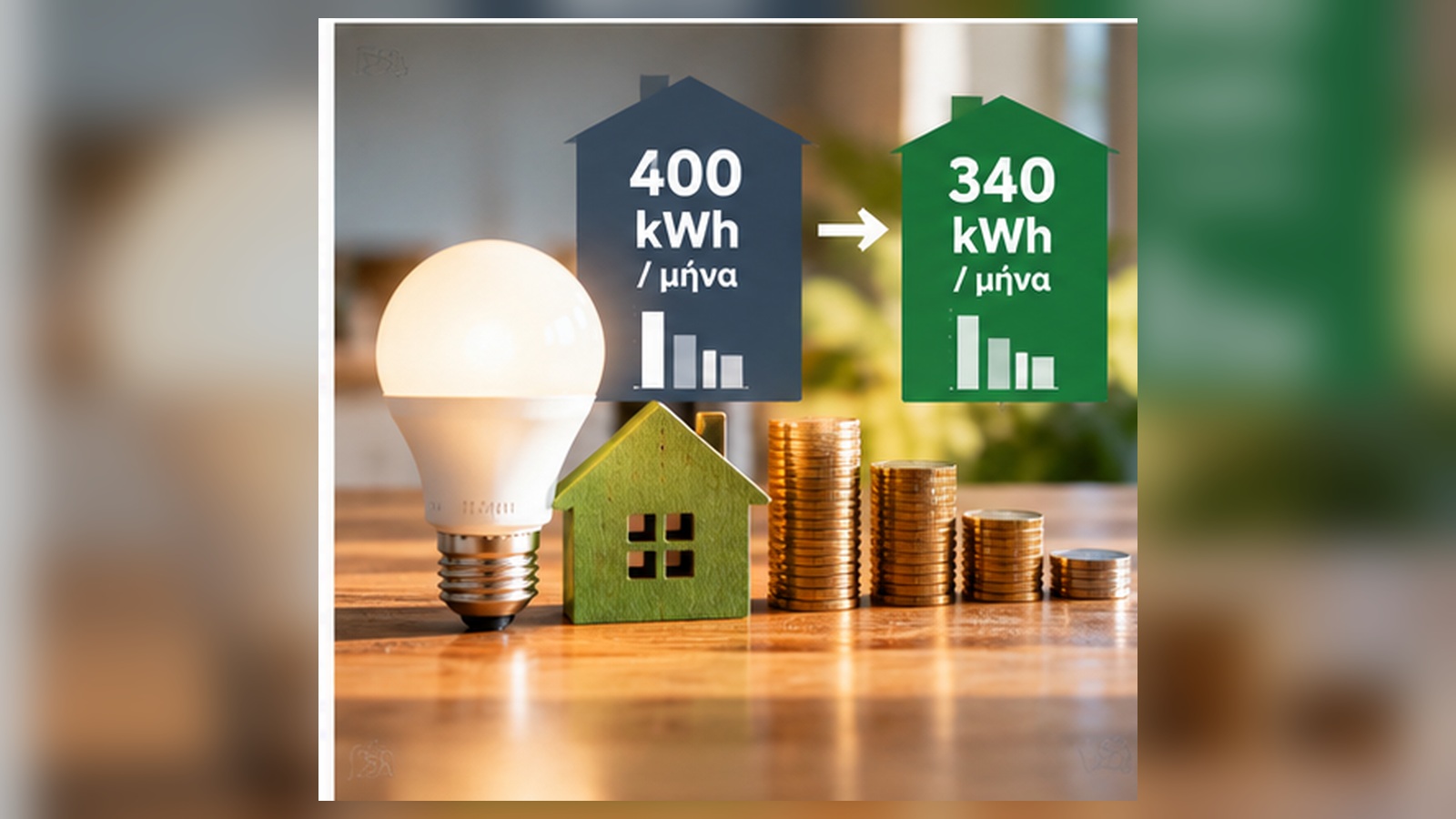 Λεζάντα: Μείωση από 400 σε 340 kWh τον μήνα σημαίνει 15% λιγότερη κατανάλωση και, στο υποθετικό παράδειγμα, 12 ευρώ οικονομία τον μήνα.
Λεζάντα: Μείωση από 400 σε 340 kWh τον μήνα σημαίνει 15% λιγότερη κατανάλωση και, στο υποθετικό παράδειγμα, 12 ευρώ οικονομία τον μήνα.